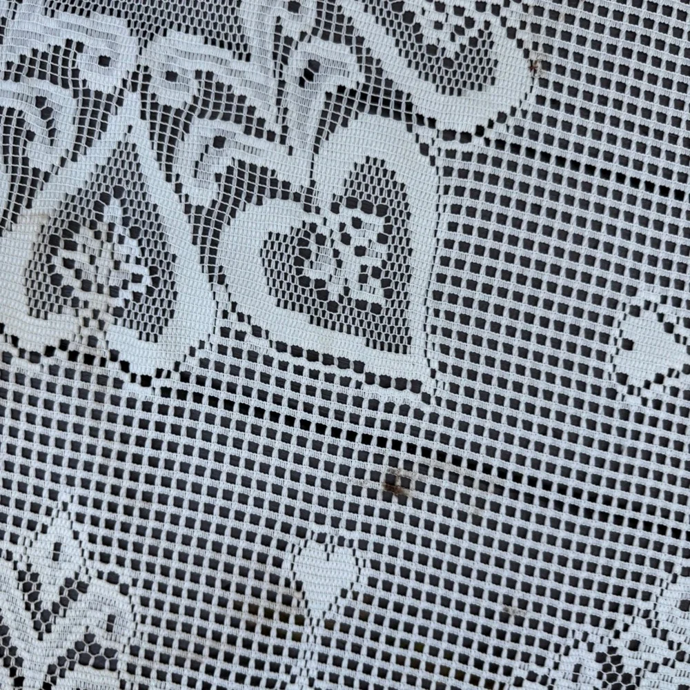 9.a.19 Vtg White Filet Lace Tablecloth Topper 39x41.5 Hearts Roses Floral Square